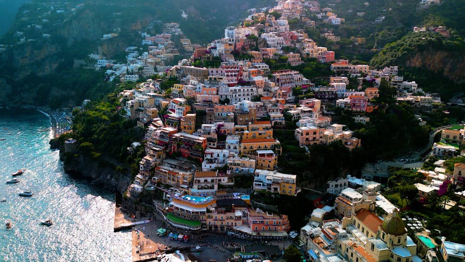 Stunning aerial view of Positano with its colorful hillside buildings along the Amalfi Coast in Italy